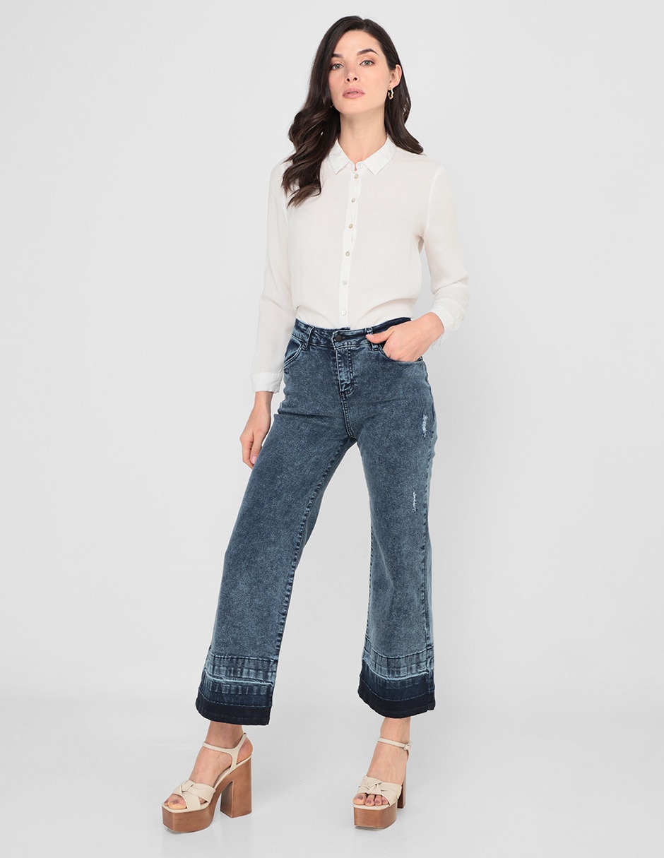 Jeans straight Frappe P139 lavado obscuro corte cintura alta para mujer