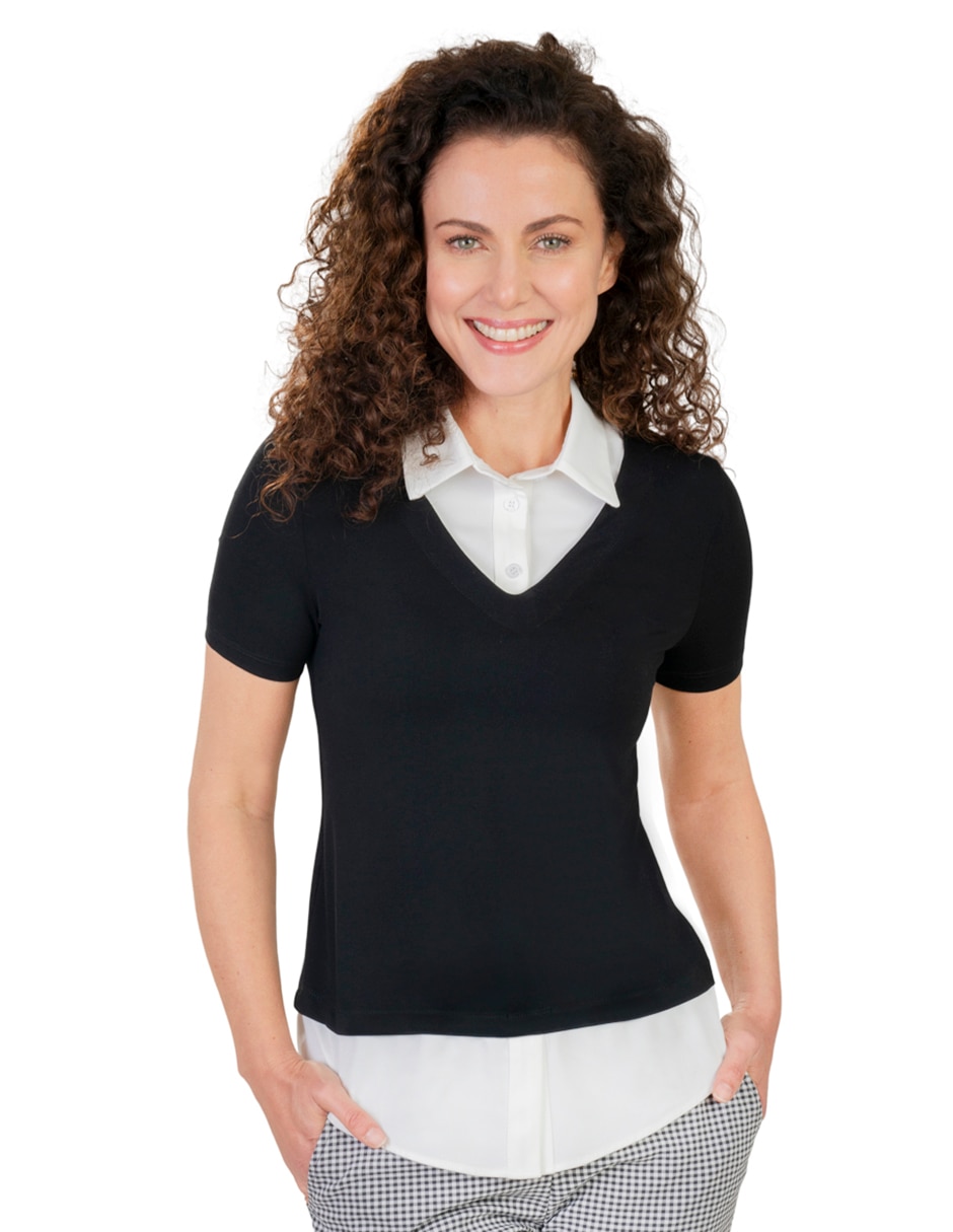 Playera manga corta cuello camisero para mujer